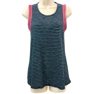 W5 Black and White Stripe Sleeveless Top with Red Tribal Edging Scoop Neckline